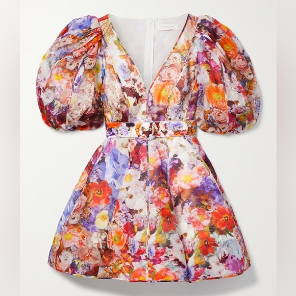 Zimmermann Prima Belted Pleated Floral-print Linen And Silk-blend Mini Dress